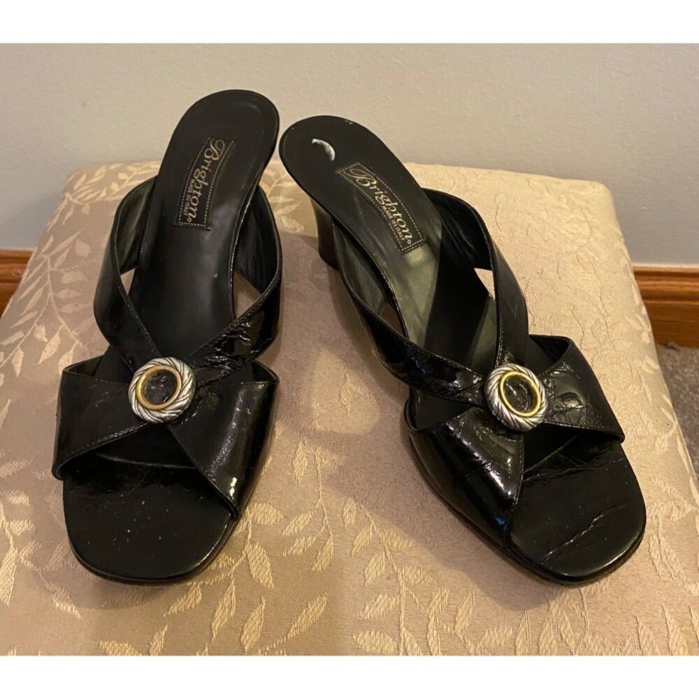 Brighton Chorus Black Patent Leather Wedge Sandal 2.5" Heel made in Italy 7.5 - Picture 5 of 7